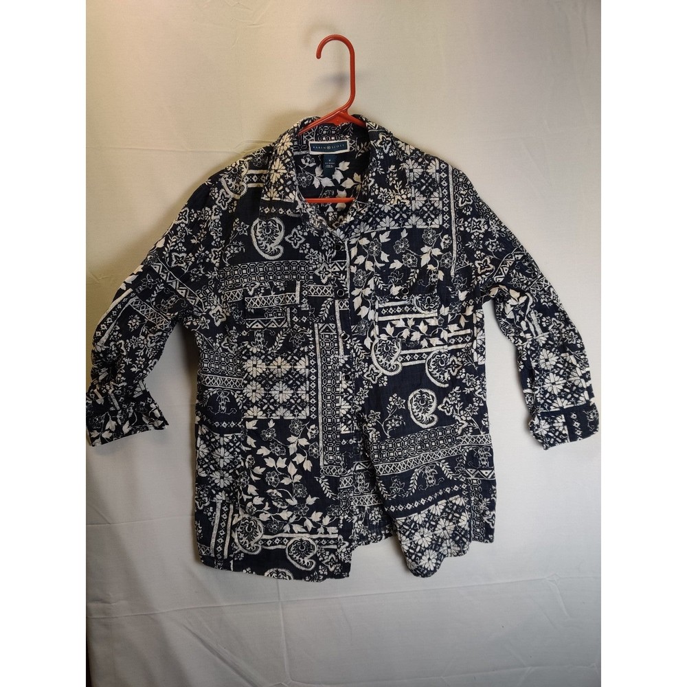 Karen Scott Button Up Shirt Womens SZ M Blue Floral Long Sleeve Ladies EUC